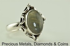 Sterling Silver Unique Striped Quartz Cabochon Scalloped Band Ring 925 Sz: 8.5