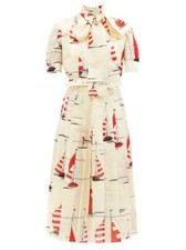 Gucci ALTERED Sailboat Print Cotton/Linen Blend Belted Midi Shirt Dress sz 42