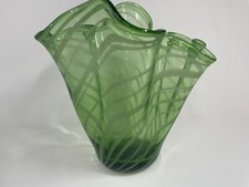 Large 10" Tall Green Striped Folded Art Glass VASE