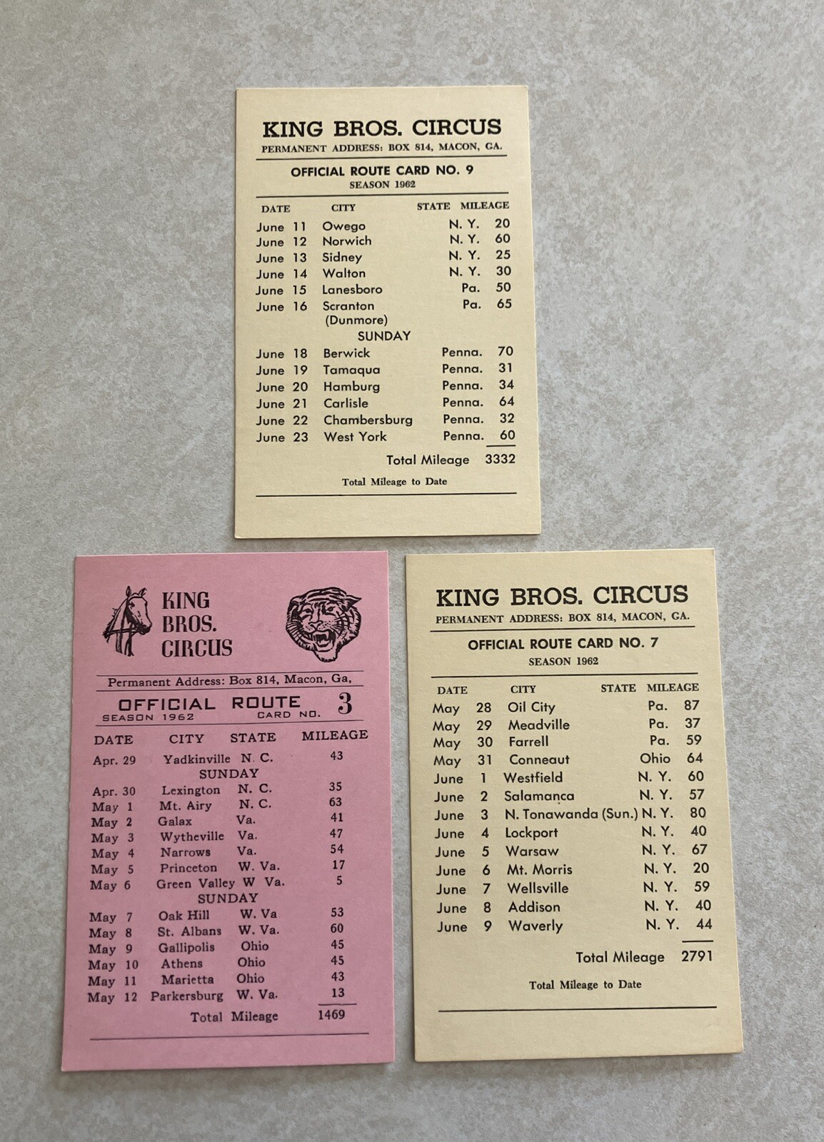 1962 King Bros Circus Route Card Lot 3 Cards eBay