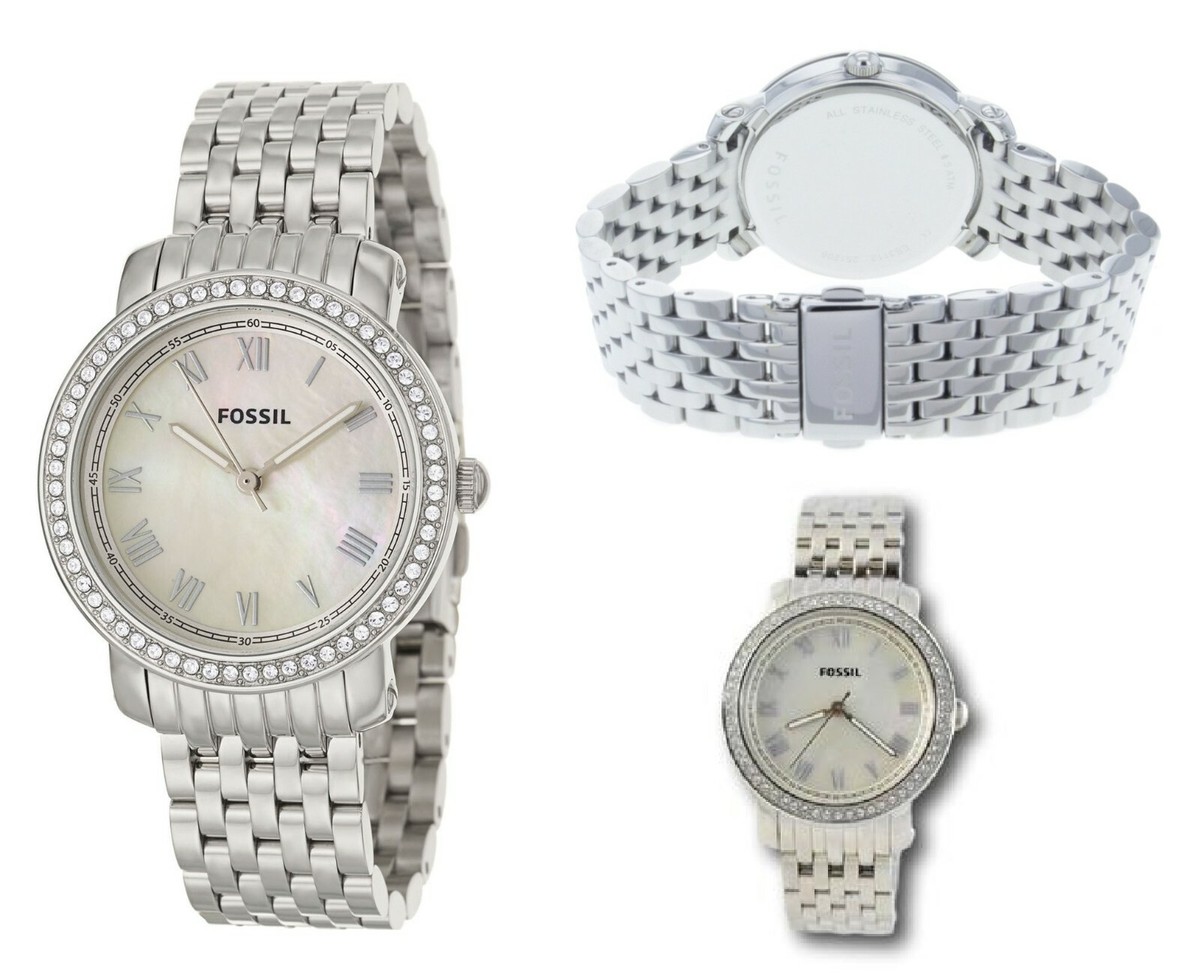 NEW FOSSIL EMMA SILVER TONE,WHITE MOP DIAL,CRYSTALS PAVE 