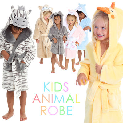 Girls Boys Unisex Hooded Dressing Gown Animal Robe Duck Zebra UK