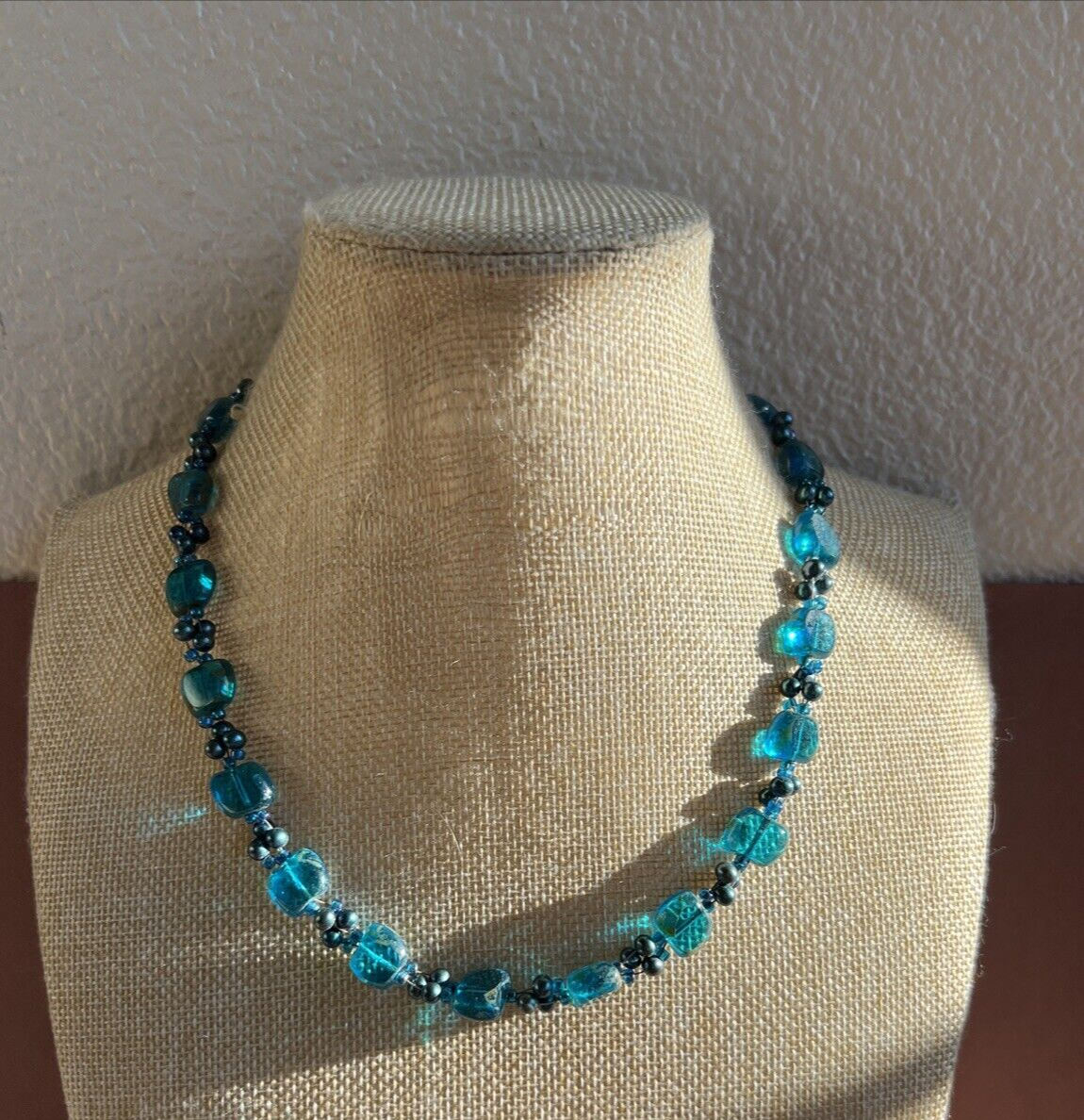 Teal Glass Beaded Necklace with Copper Specks 18 Inch Chain-image