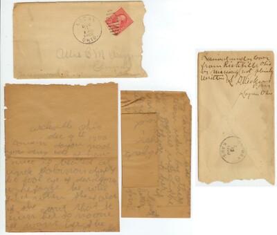 1900 Logan Ohio hand-carried letter with note from D Vickers, Post Master