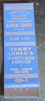 MATCHBOOK MATCHCOVER Tommy Longo's Spaghetti House Dayton OH Judge Wolff politic