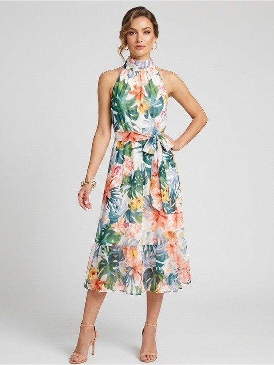 Eliza J High Neck Chiffon Tropical Island Boho Vacation Dress Sz 10 White Floral
