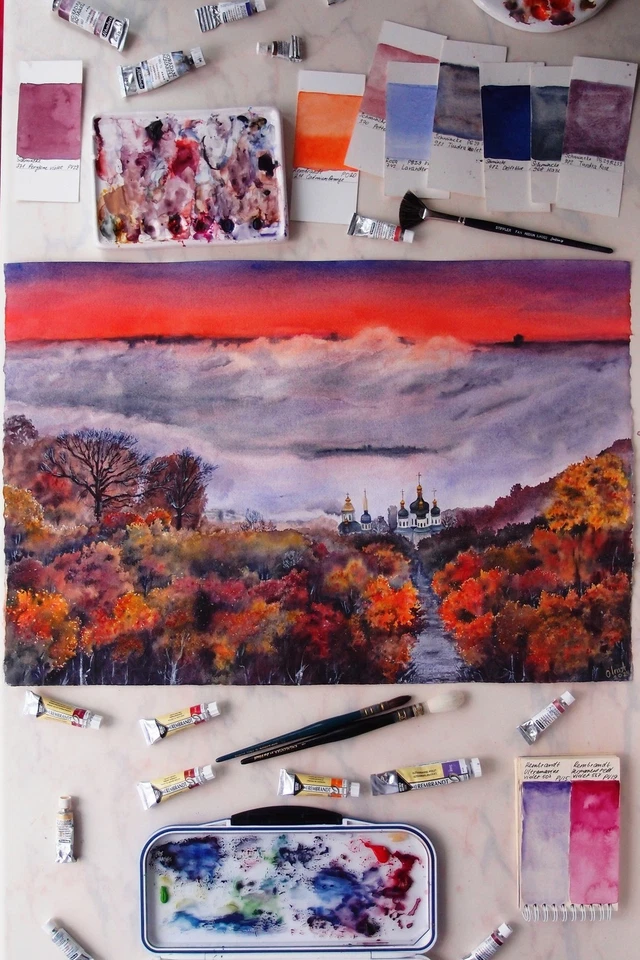 Aquarell Gemälde Nebel Herbst Landschaft Kiew Stadt Haus Geschenk ukrainischer Künstler - Bild 3 von 4