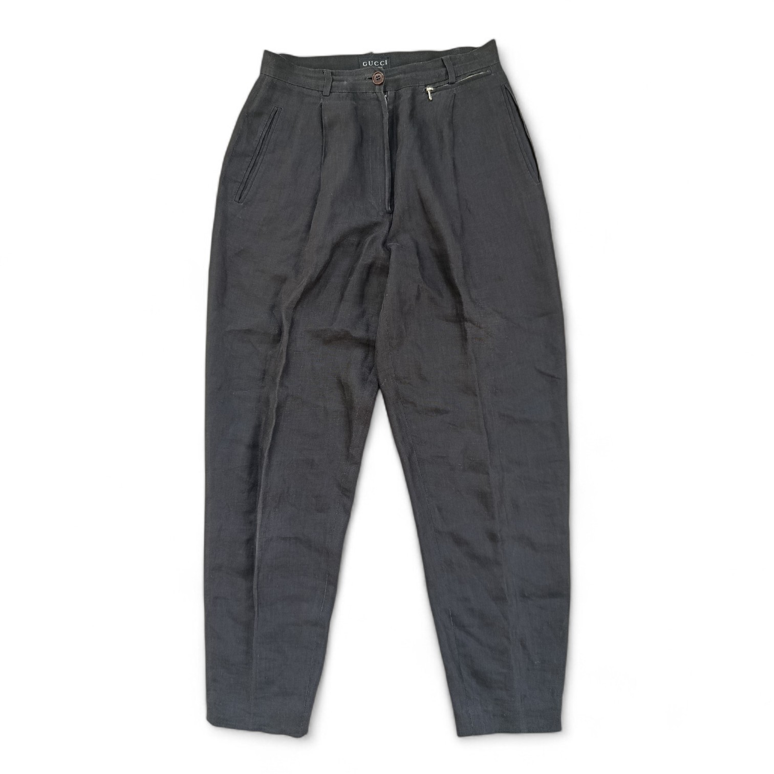 Gucci Tom Ford SS 96 Womens Black Linen High Waisted Pleated Carrot Fit Trousers