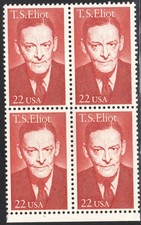 US Stamp Scott #2239, 22c, T.S. Eliot, Block of 4, MNH/MLH