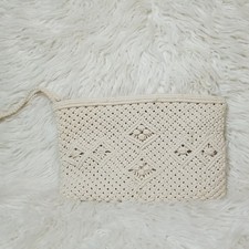 Vintage Crochet Macrame Clutch Wristlet Purse - Cream Beige Boho Chic