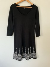 Nine West Jumper Dress Size Small Black With Patterned Hem Knit Long Sleeves VGC