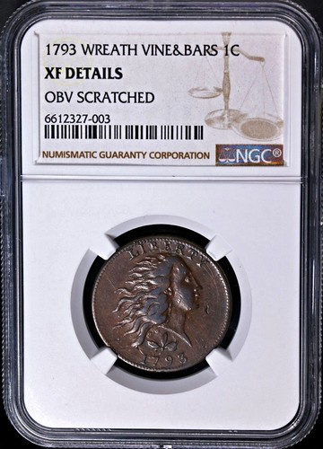 1793 Large Cent Wreath Vine & Bars NGC XF Details Key Date S.5 R.4 GORGEOUS - Picture 3 of 4