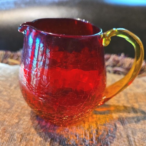 Vtg Blenko Amberina Crackle Glass Pitcher Ruby Red Hand Blown 3 1/2 ...