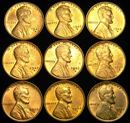 1942-S LOT OF 9 UNCIRCULATED RED LINCOLN WHEAT CENTS PENNIES, GRADE: CHOICE BU