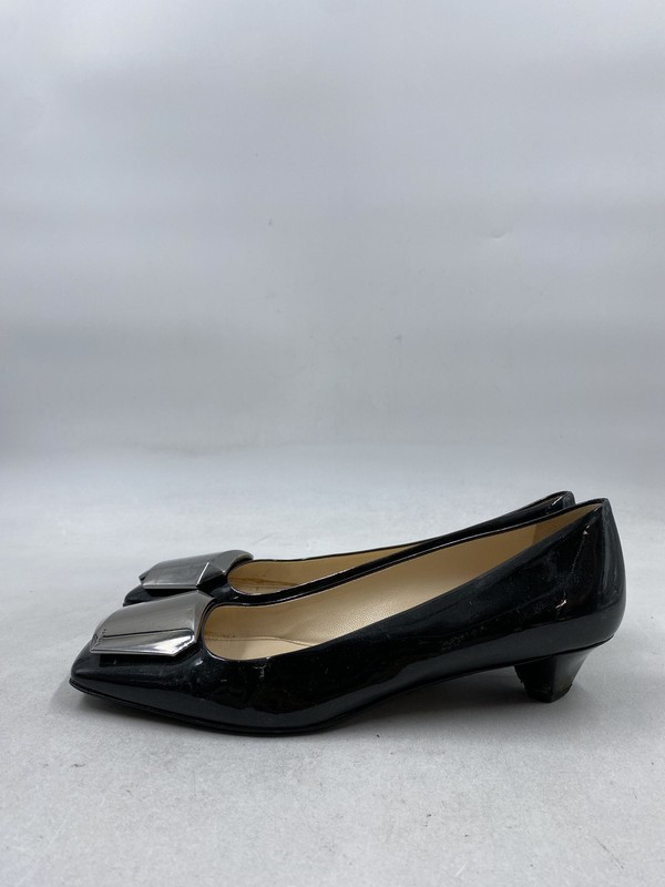 Prada Black Patent Leather Silver Buckle Heels W 6.5