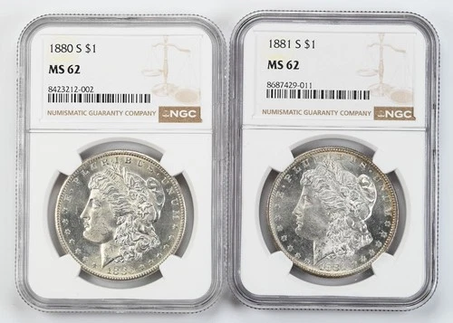 Certified 1880-S 1881-S Morgan Silver Dollar NGC MS62 $1 Lot of 2