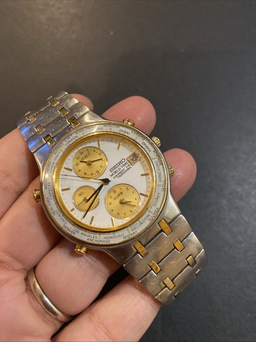 VINTAGE SEIKO QUARTZ WORLD TIMER WRIST WATCH 5T52-7A00 W/DATE | eBay