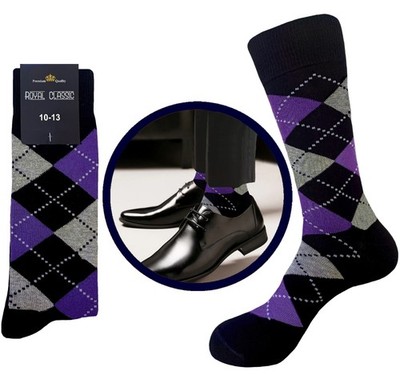 1-3-6-12 PAIR DRESS SOCKS BLACK PURPLE BLACK DIAMOND ARGYLE COTTON SOCKS 10-13