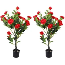 2 Pack Artificial Camellia Tree, 36" Red Faux Camellia Plant, Fake Indoor Out...