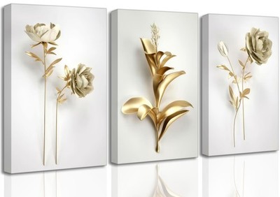 3Pcs Abstract Golden Flower Canvas Wall Art Modern Luxury Minimalism Nordic F...