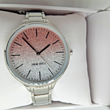 New NINE WEST Glitter Ombre Dial Open Bracelet Women's Watch Silver NW/23370MSV