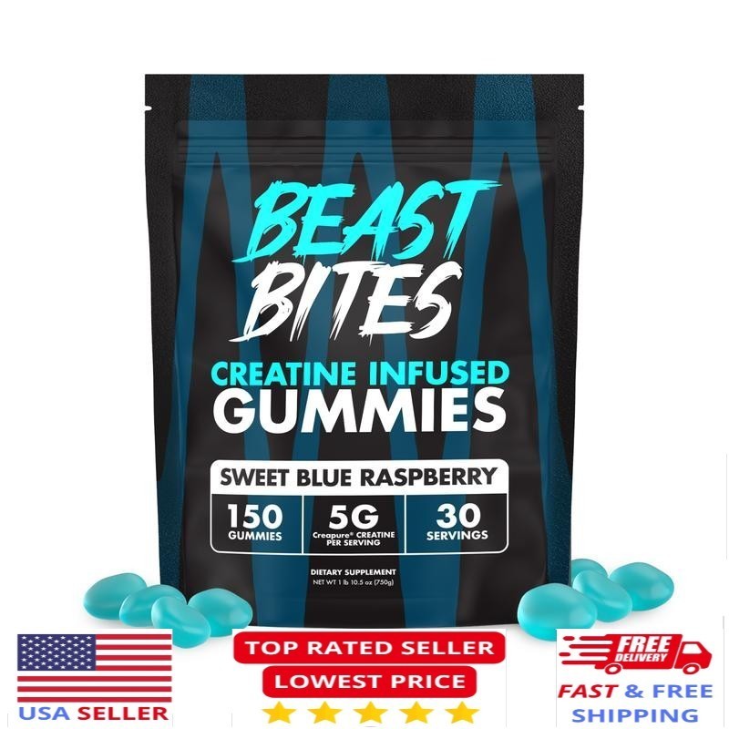 Creatine Infused Gummies by Beast Bites – Blue Raspberry (150 Servings)