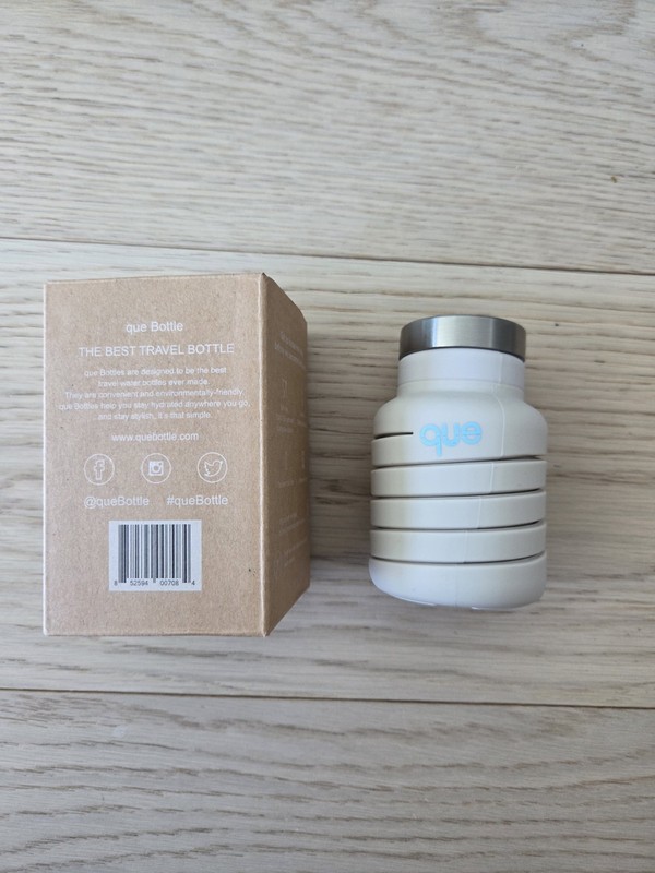Que Collapsible 12oz Water Bottle Silicone Stainless Steel Taupe Blue 355 ml