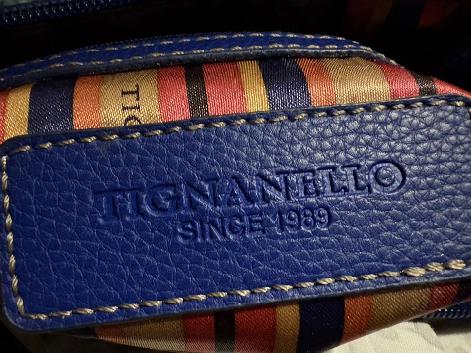 Vintage TIGNANELLO Blue Leather Crossbody Shoulder Bag Organizer Satin Interior - Image 3 of 4