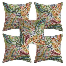 Bohemian Cotton Set Of 5 Throw Pillow Covers Kantha 16x16 Inch Indian Paisley