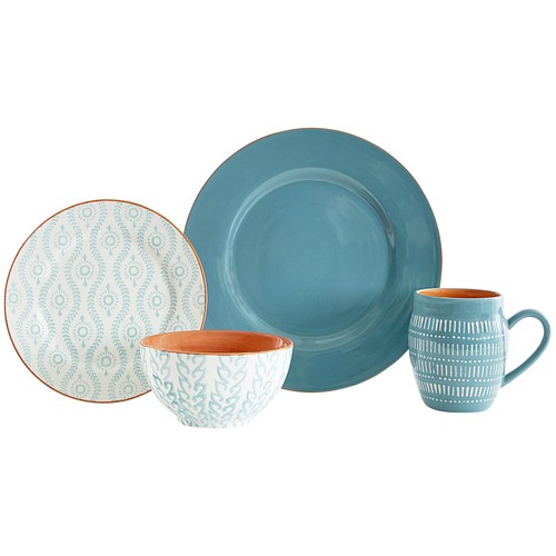 16 Piece Stoneware Dinnerware Set, Turquoise, dishwasher and microwave safe