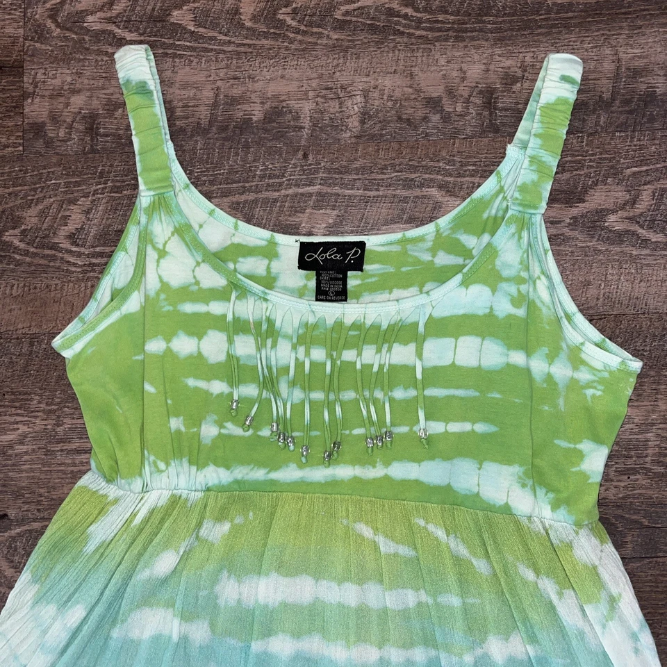 Lola P Tie Dyed Colorful Comfy Cotton Midi Beach Relaxed Fringe Dress Size Large — 第 2/4 张图片