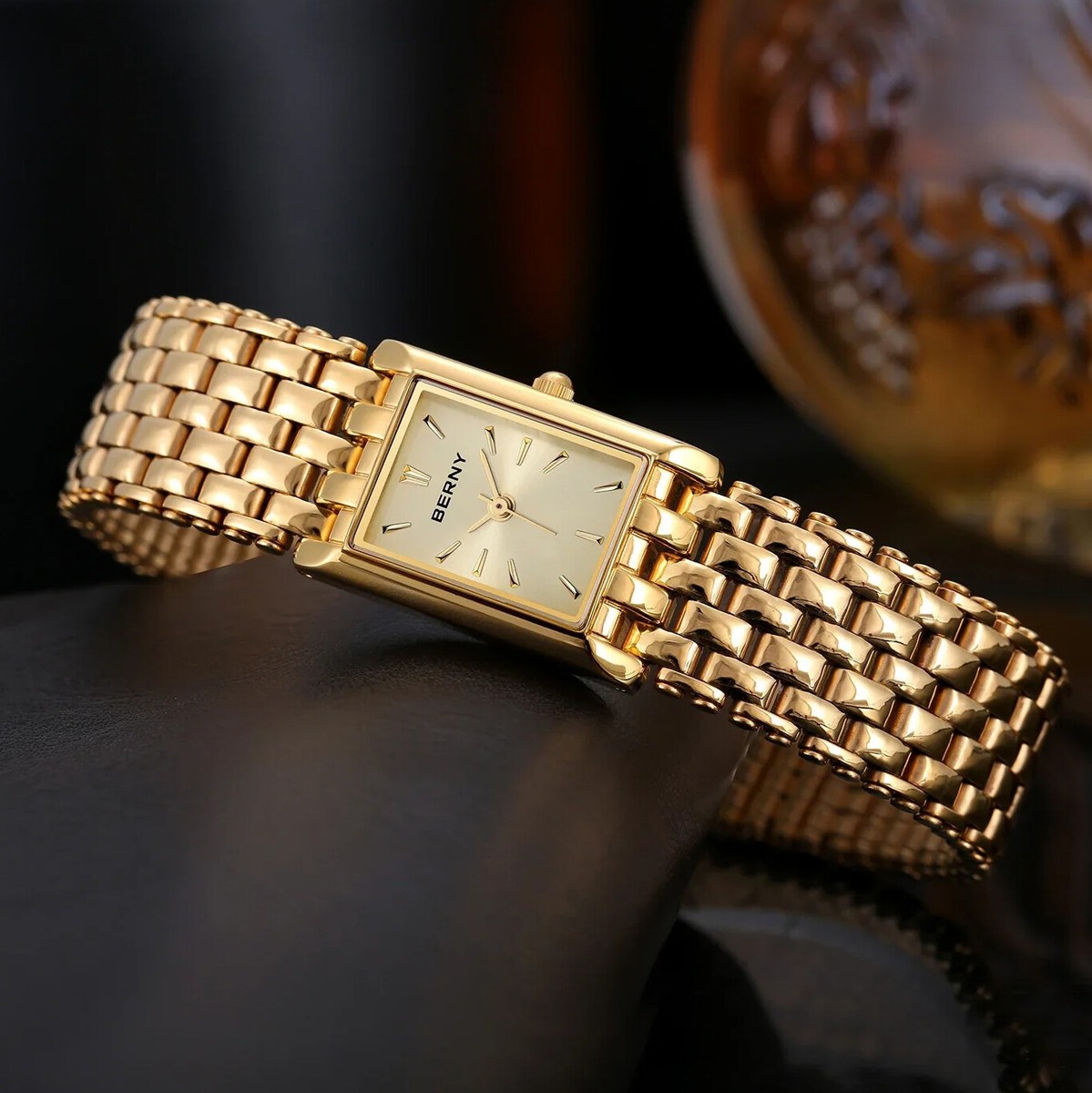 Berny Gold Ladies Dress Watch Rectangle Stainless Steel Japanese