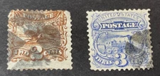 U.S. 1869 Stamps Scott #112 & #113 Pictorial Issues with Grills Used Hinged