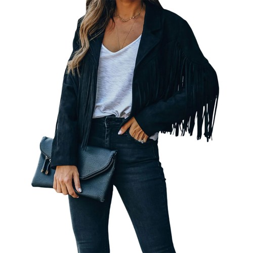 Damen Moto Biker Jacke Chic Cropped Quaste Fransen Kurz Dekor Mantel - Bild 26 von 28