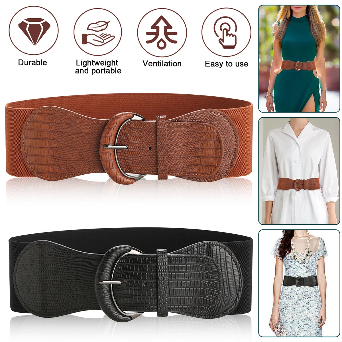 Women Fashion Elastic Cinch Belt 3 Wide Leather Stretch Waist Band Clasp  Buckle