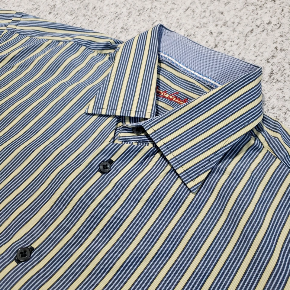 Camisa Robert Graham Para Hombre 17 Azul Amarillo Rayas Puño Francés Manga Larga Foto 4 de 4