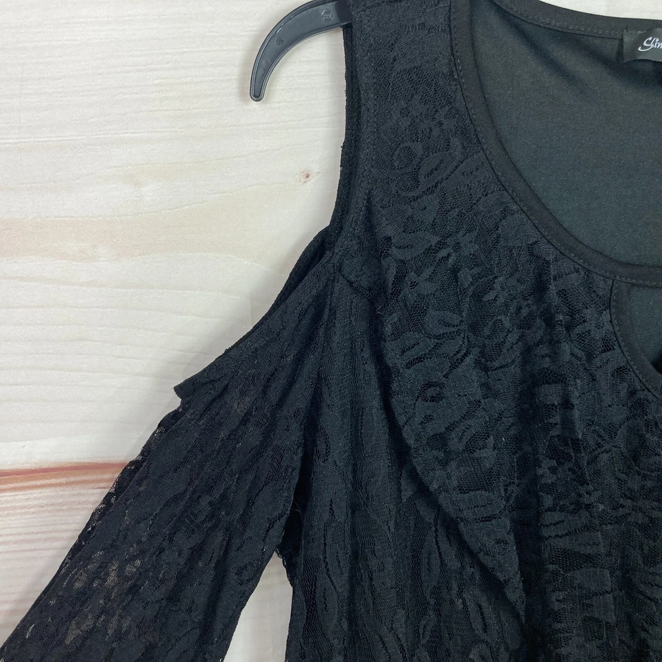 Blusa de encaje negra Slinky Brand para mujer XL hombro frío ojo de cerradura cuello pulóver Foto 4 de 4