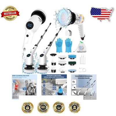 Cordless Electric Spin Scrubber with Adjustable Speed - LED Display & Charger