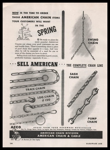 American Chain & Cable 1948 oscilante traza tronco hoja bomba cadenas anuncio impreso vintage