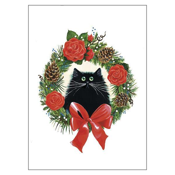Black Cat in Rose Wreath Christmas Card Kim Haskins Humorous Greeting Cards Xmas