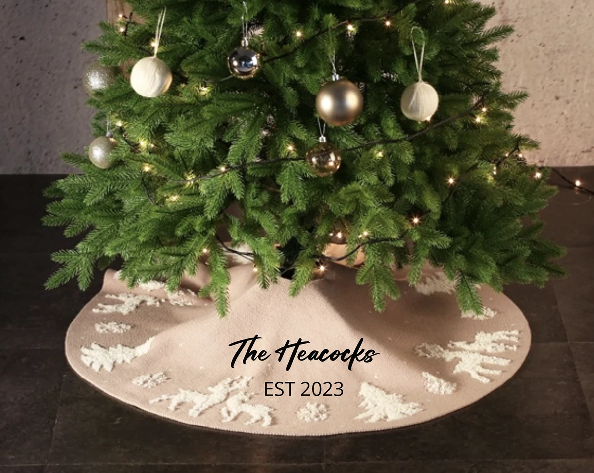 Personalized Tree Skirt Beige Custom Family Name Reindeer Plush