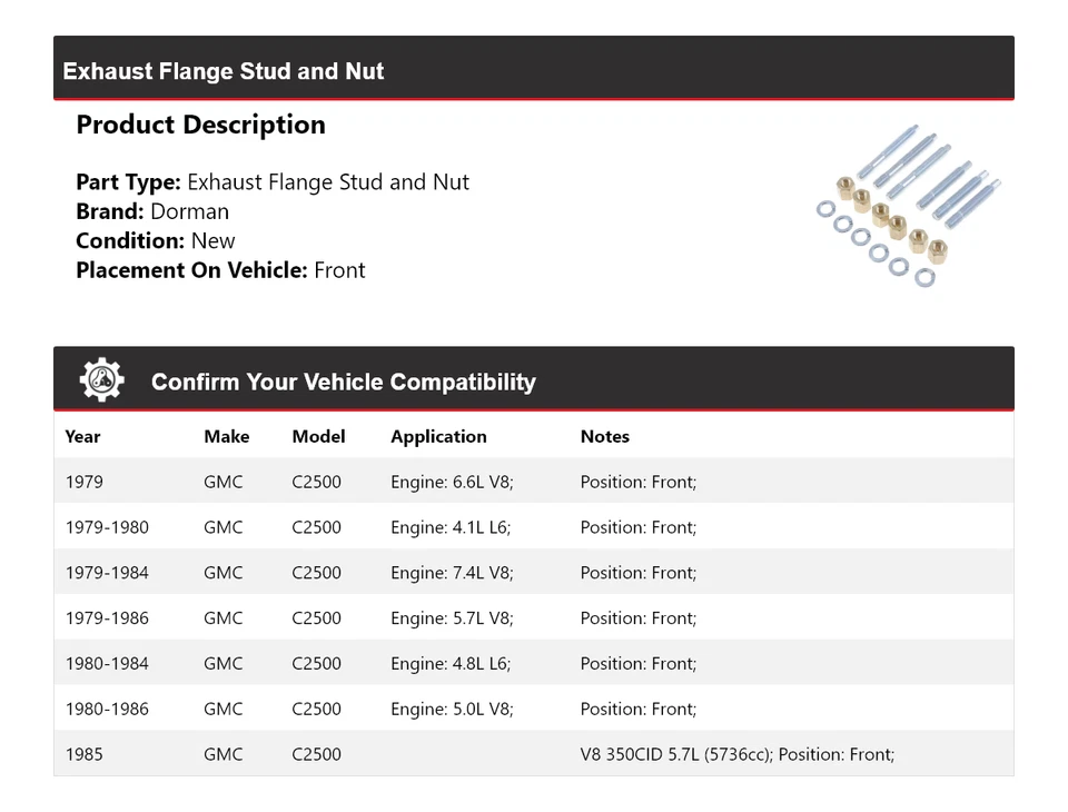 Para GMC C2500 1979-1986 Dorman Brida de escape Perno y tuerca delantera 1980 1981 1982 Foto 2 de 4