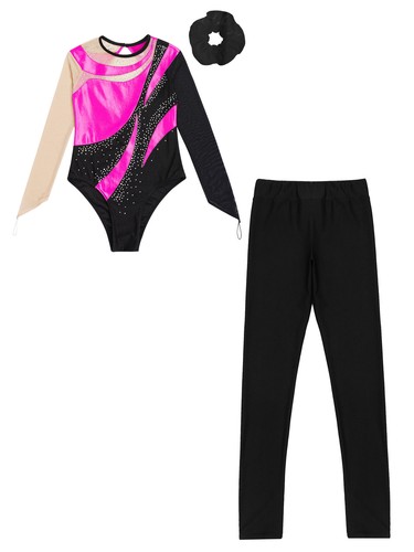 Girls Gymnastics Leotards Activewear SetTracksuit Kids Long Sleeve Bodysuit - Picture 57 of 110