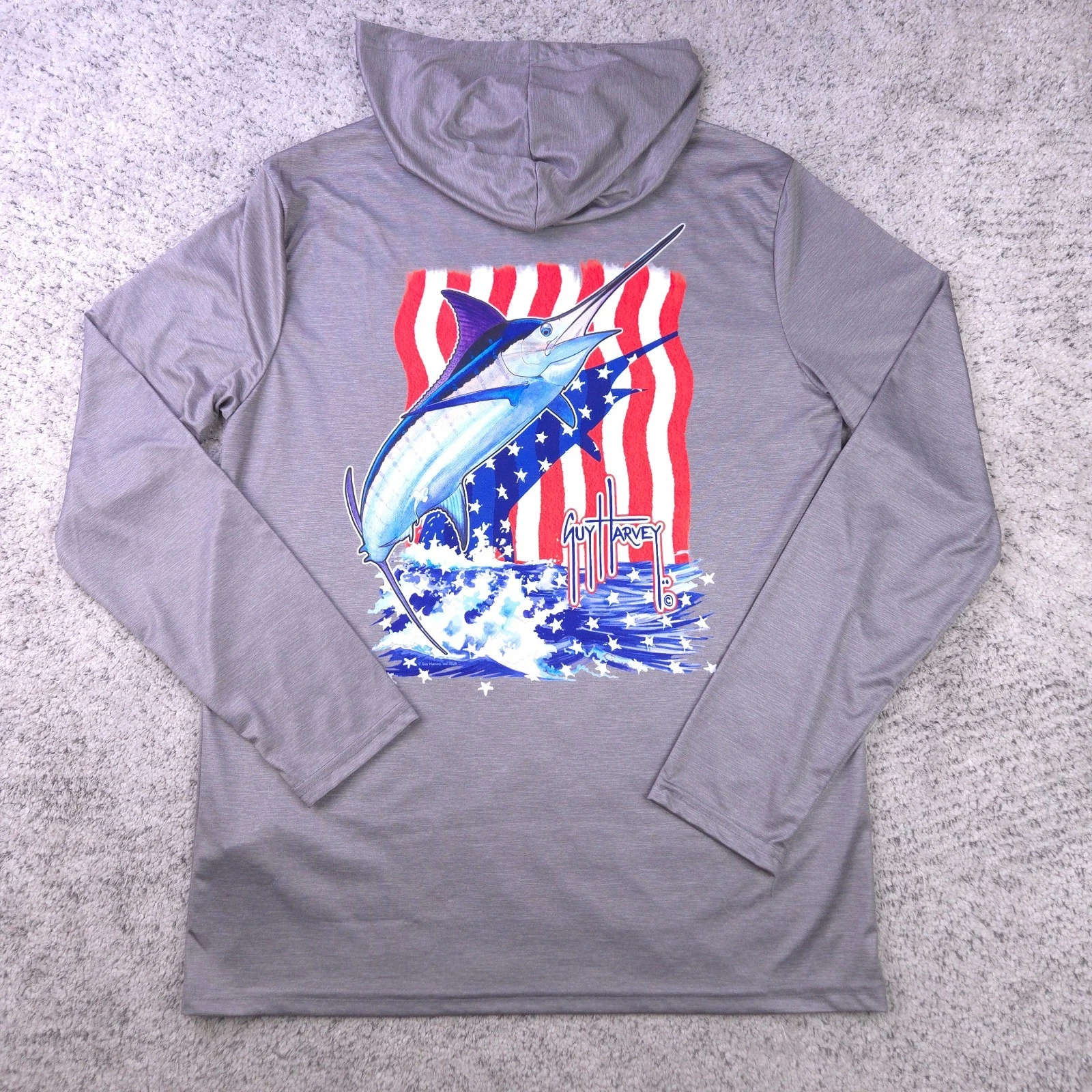 Guy Harvey Shirt Mens Medium Hooded Fishing Performance Marlin Flag UPF Gray