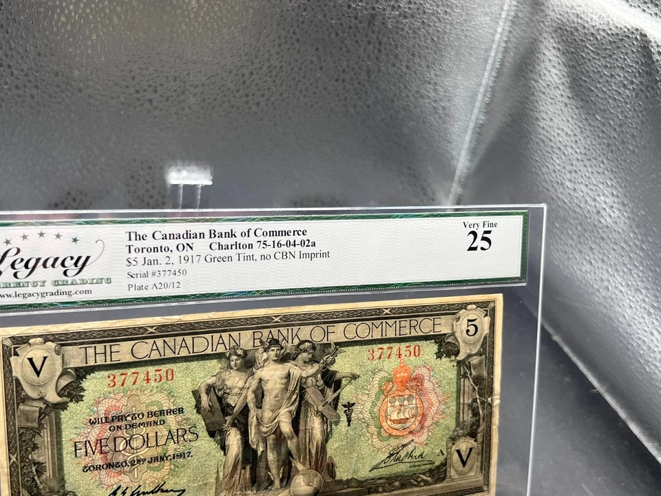1917 Canadian Bank of Commerce $5 Bank Note No CBN Graded Legacy VF-25 SN#377450 - Image 3 of 4