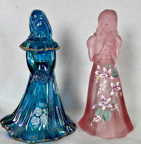 PAIR Vintage Fenton Glass Girl Figures Hand Painted Artist Signed