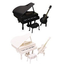 1 Set Miniature Grand Piano Model With Stool & Guitar For Doll House Decoration
