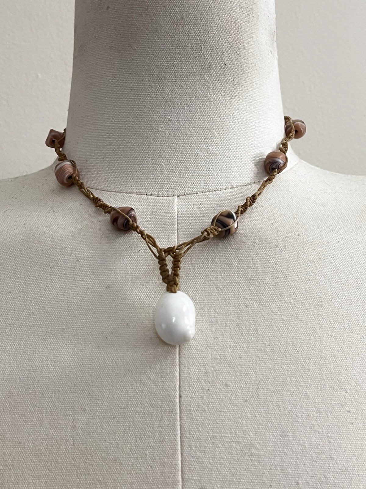 Seashell Necklace Brown String With Beaded Accent… - image 1
