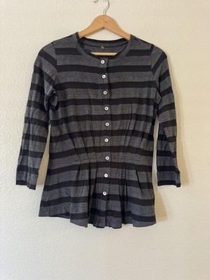 Pete Button Up Shirt Womens S Gray Stripe 3/4 Sleeve Pleated Tunic Jersey Top