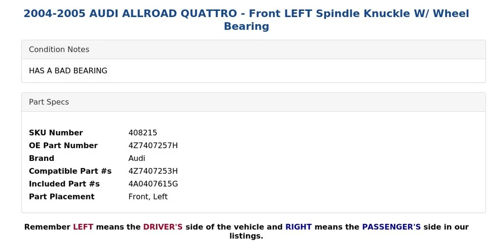 AUDI ALLROAD QUATTRO 2004-2005 - Nudillo de husillo delantero izquierdo con cojinete de rueda Foto 3 de 4
